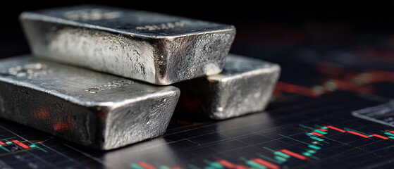 Shiny silver bars stacked on blurred financial chart symbolizing investment and wealth in metal assets.