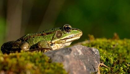 Obraz premium Close-up of a vibrant green frog resting on a rock amidst lush moss, showcasing intricate patterns and natural details.