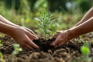 Fototapeta premium hands planting small tree growth and mental healing