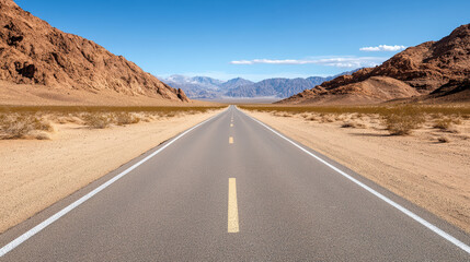 Long, straight road stretches through vast desert landscape, flanked by rocky mountains