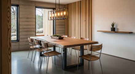 Fototapeta premium Modern Dining Room with Live-Edge Table and Industrial Chandelier