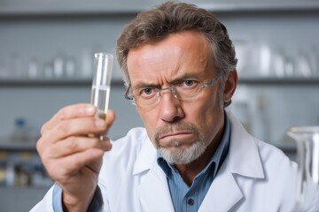 Scientist in lab coat examining liquid in test tube with serious expression