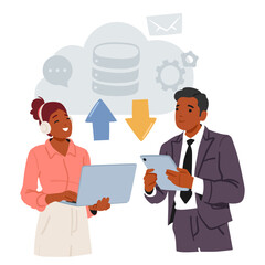 Businesspeople using cloud service for digital data exchange, downloading and uploading files scene