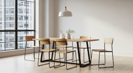 Modern Dining Set with Minimalist Chairs and City View