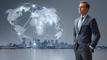 Confident businessman stands in modern cityscape, with digital world map overlay symbolizing global connectivity and innovation