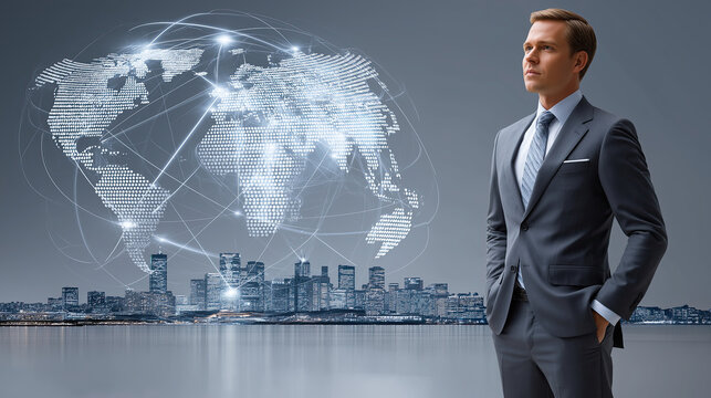 Confident businessman stands in modern cityscape, with digital world map overlay symbolizing global connectivity and innovation