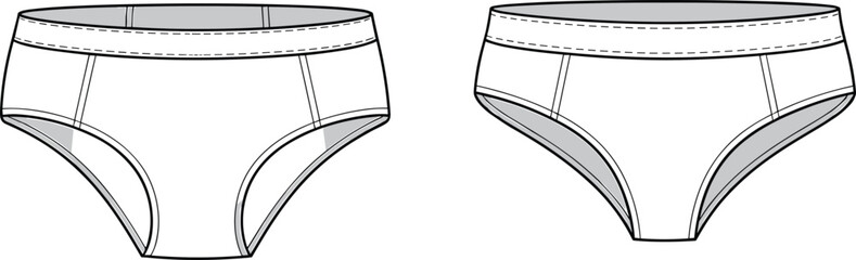 Women’s bikini brief vector template, front and back view, seamless underwear sketch, flat fashion design for apparel technical drawing