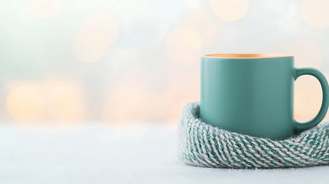Cozy teal mug wrapped in a knitted scarf with soft bokeh lights