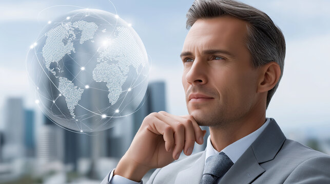 Thoughtful businessman in suit contemplates global connections with digital globe overlay, symbolizing innovation and strategy
