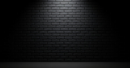 Empty room with dark brick wall and matching floor, softly lit from the top, creating a moody industrial scene perfect for modern design concepts.