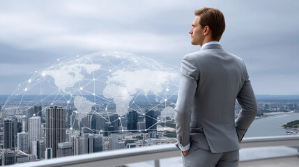 Businessman in suit gazes at global network map over city skyline, symbolizing innovation and connectivity