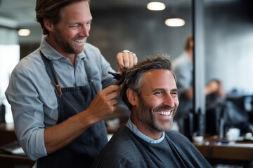 Smiling man getting haircut at barbershop by professional barber