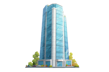 Modern glass skyscraper,  city view,  commercial building,  tall structure.  Features multiple floors,  windows,  and a base with trees,  parking and street.  Simple,  detailed illustration