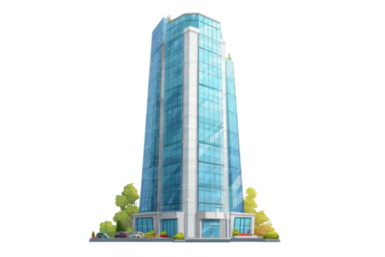 Modern glass skyscraper,  city view,  commercial building,  tall structure.  Features multiple floors,  windows,  and a base with trees,  parking and street.  Simple,  detailed illustration