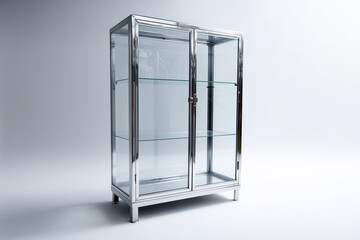 tall glass cupboard with silver aluminum frame on white background