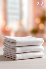 Stacked white towels, soft focus background, three in a pile