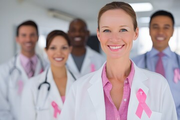 Fototapeta premium healthcare team wearing pink ribbons in clinic