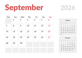 Monthly page Calendar Planner Template design of September 2026. Vector layout of calendar with week start Monday for Scheduling. Page for size A4 or 21x29.7 cm