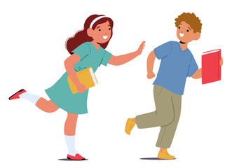 Happy smiling girl chasing boy, cute kids funny classmates playing together spending time on break