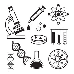 Obraz premium Science and Innovation Icon Set: A minimalist design featuring essential scientific tools and symbols. Each element, crafted in clean lines, embodies the essence of discovery and exploration.