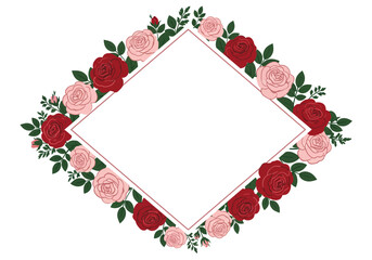 Diamond Frame Decorated with Pink and Red Roses and Green Leaves.