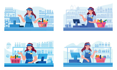 Female cashier working at supermarket checkout counter with customer purchase
