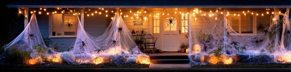 The haunted house entrance is creepily decorated with giant fake spiders, cobwebs, glowing pumpkins, and festive lights for a spooky Halloween celebration.