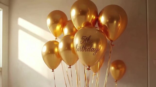 5th birthday celebration scene featuring cluster of golden balloons with 5th Birthday text, soft sunlight, and neutral wall background

