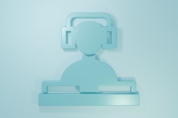 Blue DJ wearing headphones in front of record decks icon isolated on blue background. DJ playing music. Minimalism concept. 3D render illustration