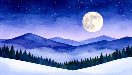 Full Moon Over a Frozen Valley. A large, glowing full moon in a clear, starry winter night sky, illuminating a snow-covered mountain valley filled with low-lying fog.
