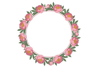 Circular Floral Frame with Pink Peonies and Green Leaves.