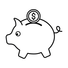 Piggy Bank with Dollar Coin Falling Line Art