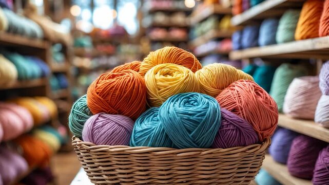 Colorful yarn balls in wicker basket placed inside cozy craft store with rows of knitting supplies and wool skeins on wooden shelves