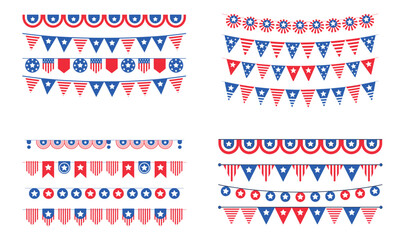 Obraz premium Patriotic usa bunting flags and garlands in red white and blue colors for holiday celebration 