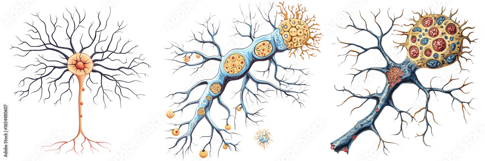 Poster medical neuron cell illustration showing detailed structure and function of nerve cells with axon an