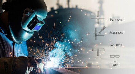 Worker welder in protective mask makes metal welding, creating bright sparks. Industrial manufacturing or construction job with welding types concept.