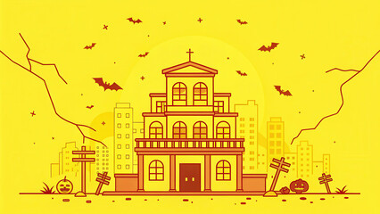Haunted house illustration with bats, pumpkins, and city skyline in background, creating spooky Halloween atmosphere
