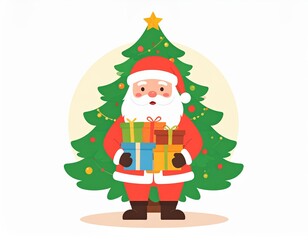 Cartoon santa claus with christmas tree and gifts