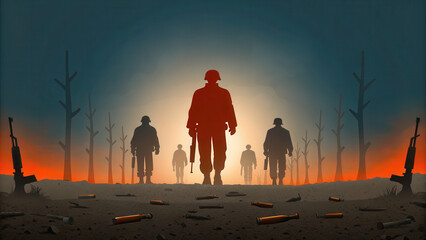 Apocalyptic scene with undead soldiers rising, silhouetted against fiery background, evoking sense of dread and despair