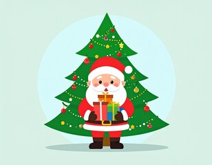 Cartoon santa with gifts and christmas tree illustration