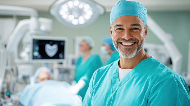 Experienced surgeon in scrubs smiling confidently in modern operating room