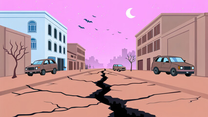 Surreal landscape depicts cracked road in deserted city at night, with cars parked beside damaged buildings under pink sky