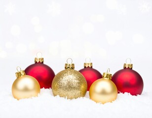 Christmas ornaments red and gold on snow
