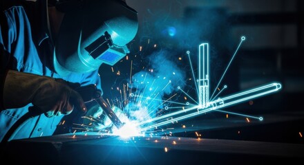 Welder man engaged in arc welding with glowing digital blueprint overlay. Industrial manufacturing and engineering innovation concept for career development.