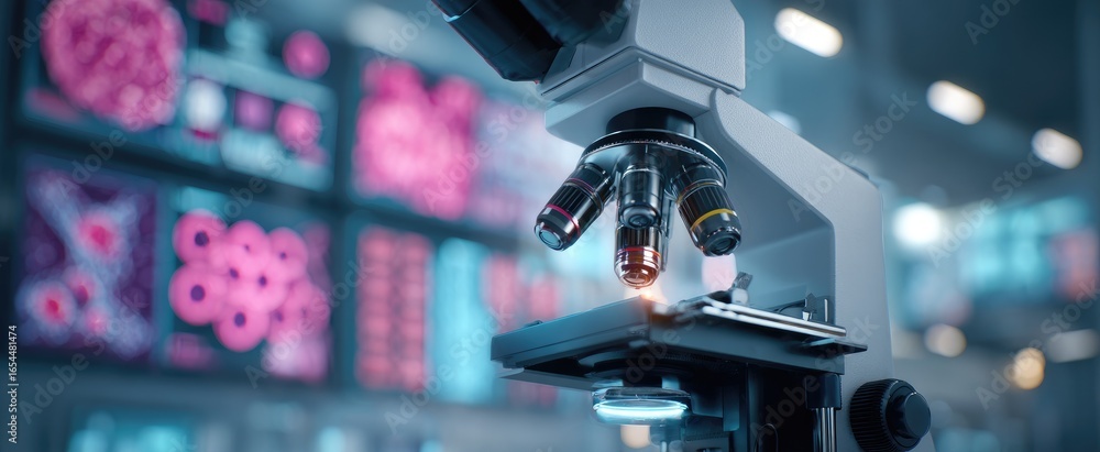 Poster close-up of a modern microscope with displays of biological samples in the background