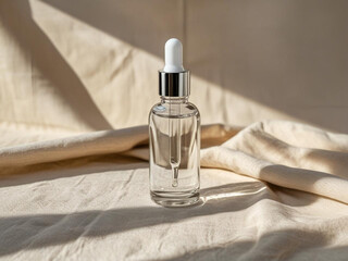 Mockup of beauty dropper bottle on beige background with natural shadows, skincare branding.