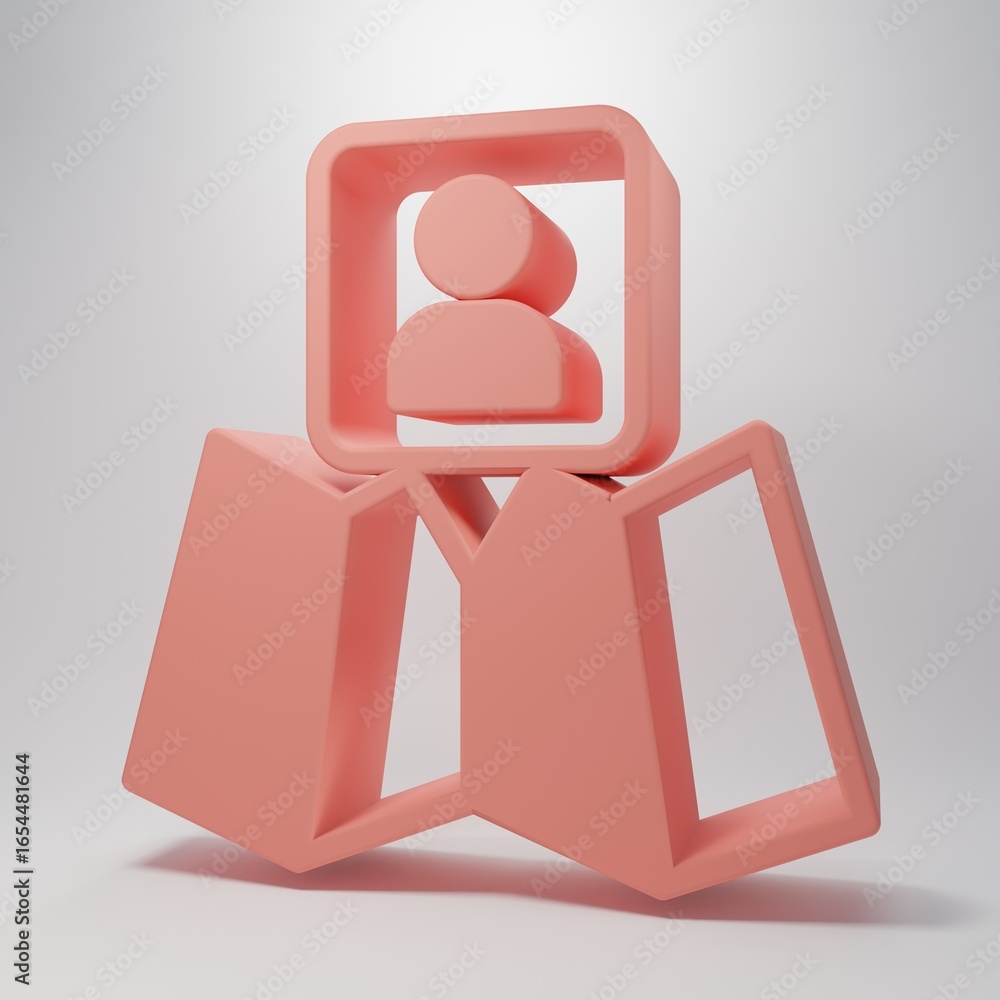 Poster pink folded map with location marker icon isolated on pink background. minimalism concept. 3d render