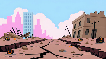 Destruction from earthquake creates dramatic scene with cracked ground, ruined buildings, and scattered debris, evoking sense of chaos and fear
