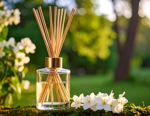 Aromatic reed diffuser radiating in a verdant setting, harmonizing scent and nature for a tranquil