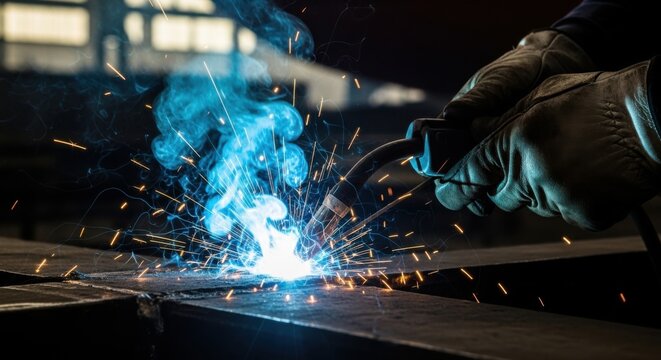 Welder man hands in production glowing sparks. Professional heavy industry worker with special equipment. Factory manufacturing concept.